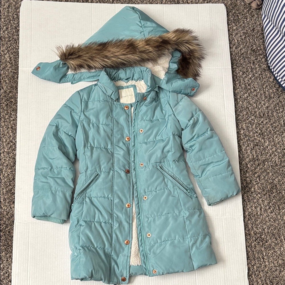Copper Key Teal and Cream Faux Fur Jacket size 4/5